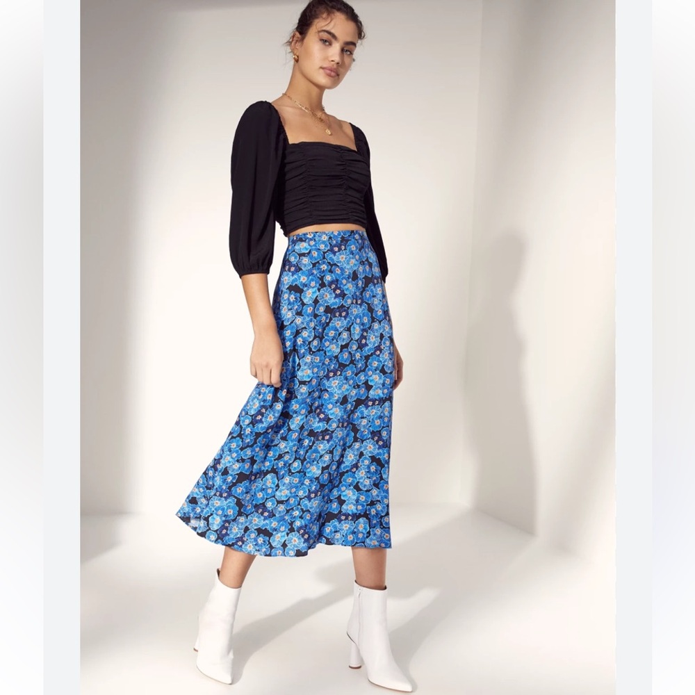 Aritzia Blue Floral A-Line Midi Skirt